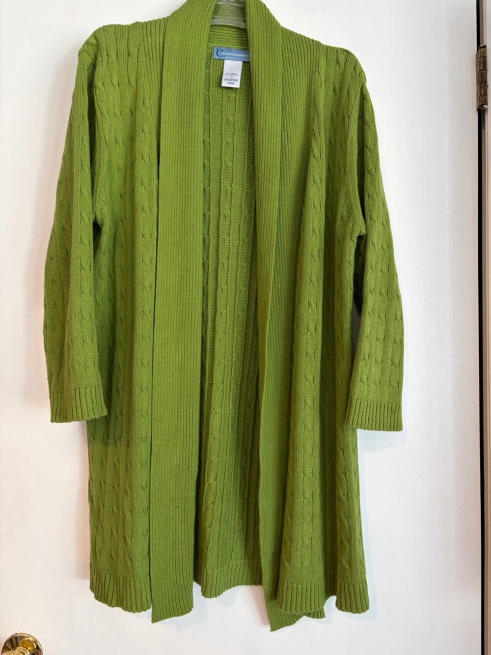 Long Open-Front Cable Knit Cardigan Sweater Lime Green